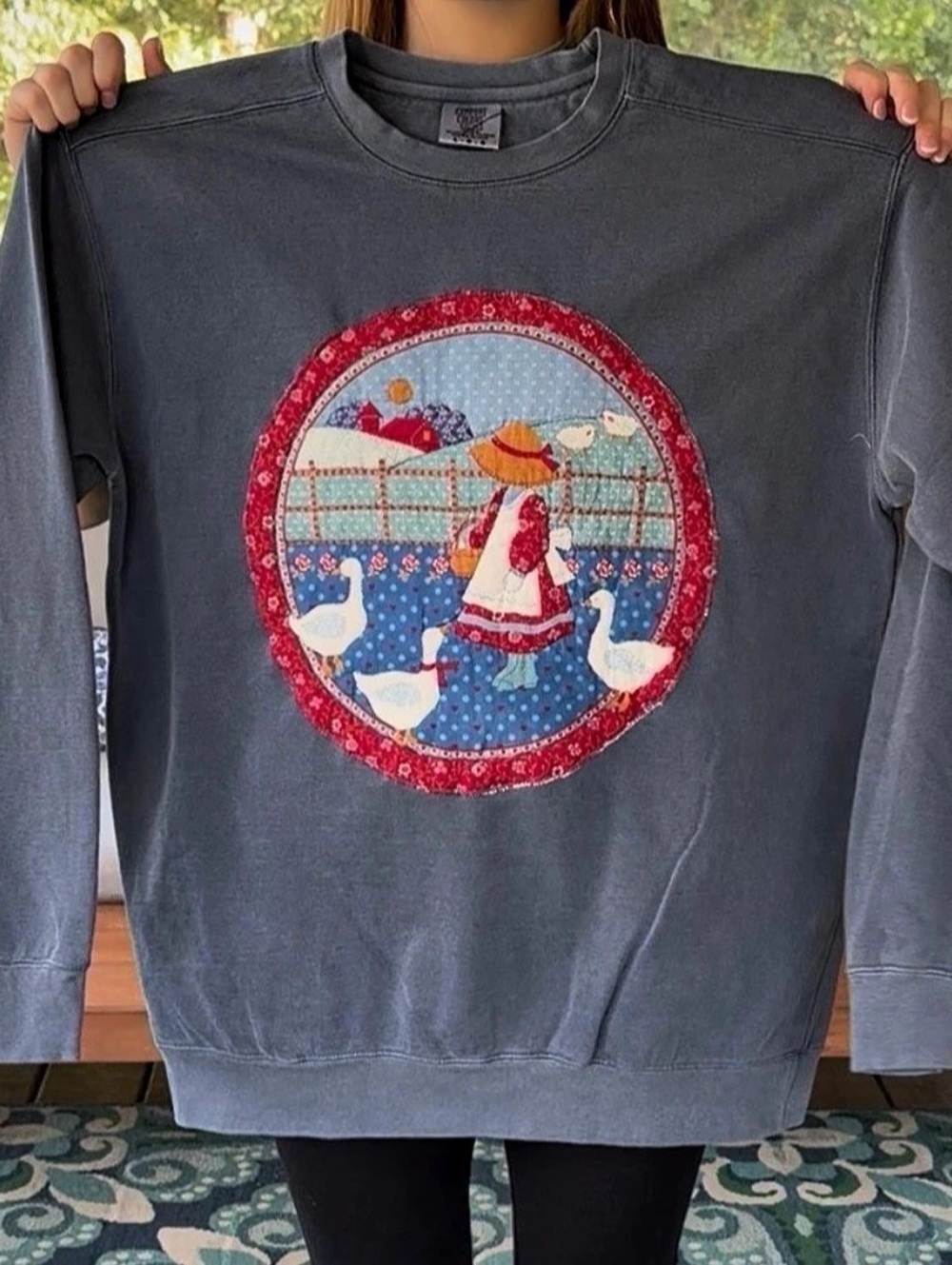 Comfort Colors Garment-Dyed Crewneck Sweatshrt Upcycled with vintage linens
Girl